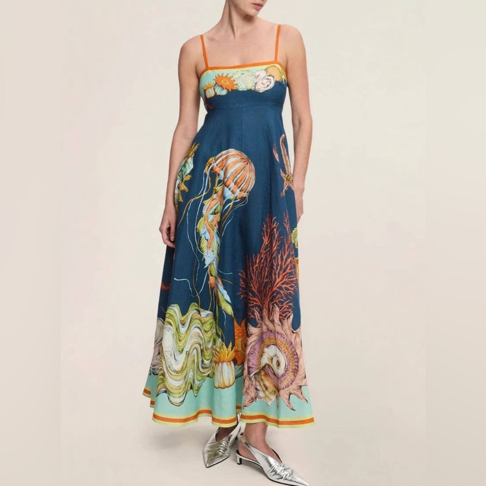 Elegant Blue Sea Life Print Midi Dress